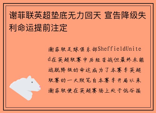 谢菲联英超垫底无力回天 宣告降级失利命运提前注定